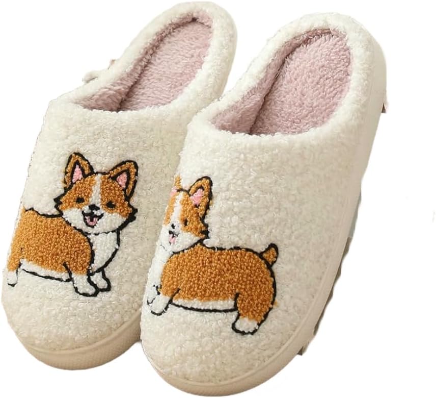 

Зимние домашние тапочки с животными: плюшевые мультяшные противоскользящие комнатные обувь Fswinder, Corgi