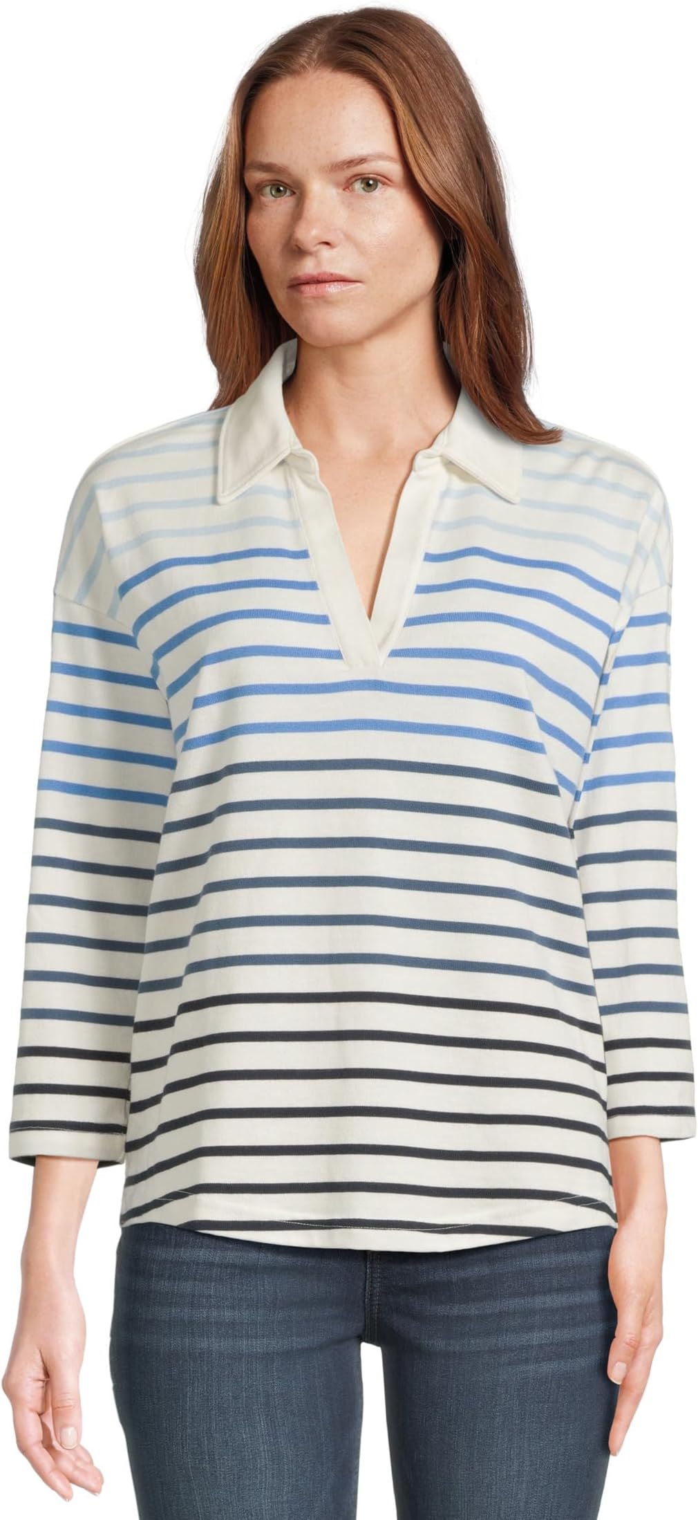 

Топ L.L.Bean Heritage Mariner Top Split-Neck Polo Three-Quarter-Sleeve Stripe, цвет Blue Ombre