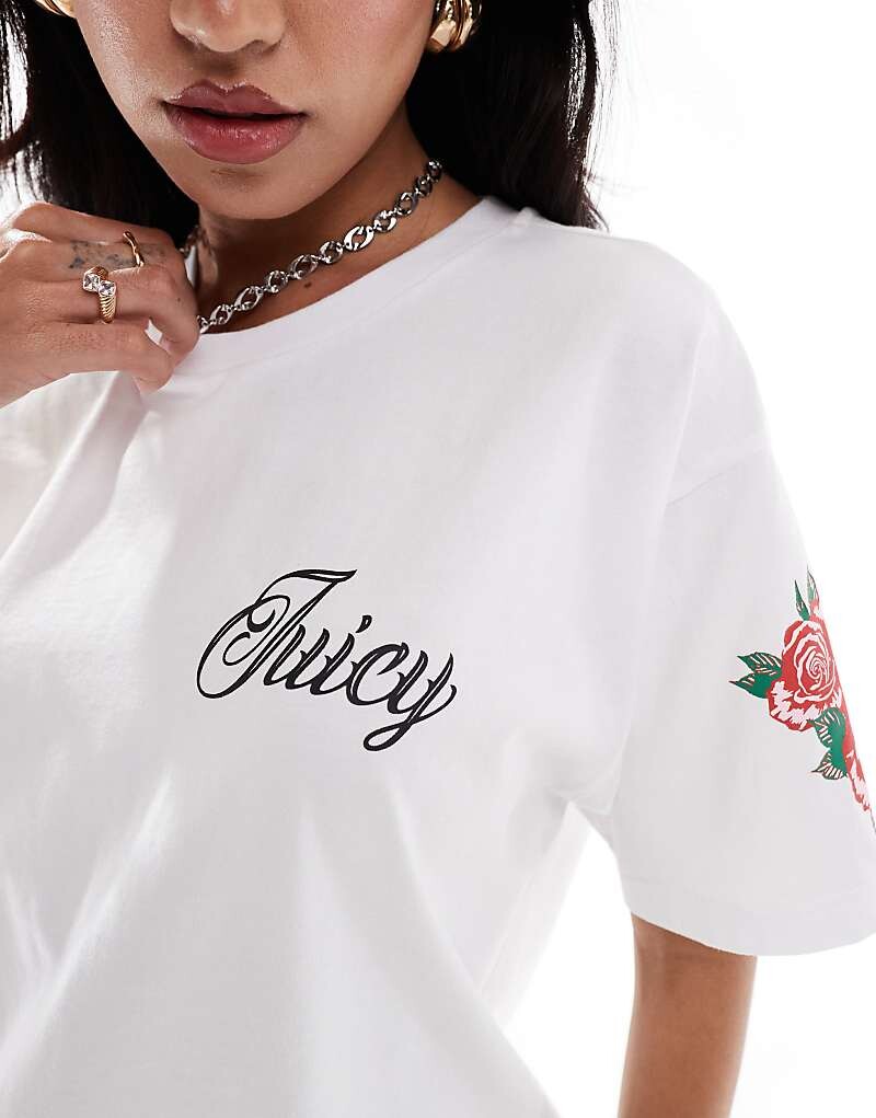 

Белая футболка с логотипом и принтом роз Juicy Couture