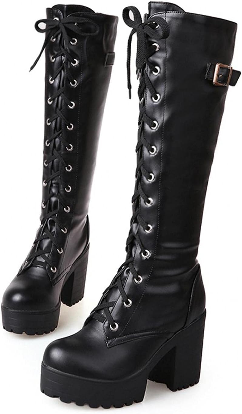 

Женские высокие боевые сапоги Hbeylia до колена, модные панк-готические кожаные с кружевами, с круглым носком, на танкетке и массивном каблуке, длинные сапоги до колена в стиле винтаж, для езды на мотоцикле, черный