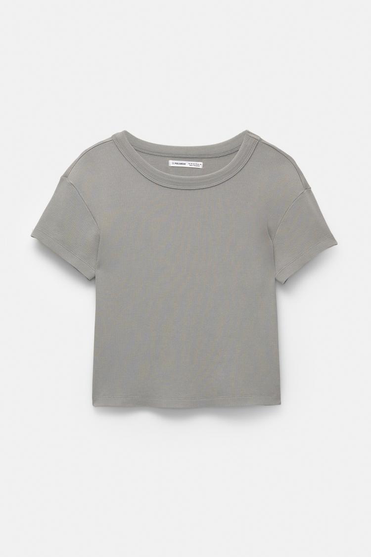 

Укороченная футболка в рубчик Pull And Bear, серый