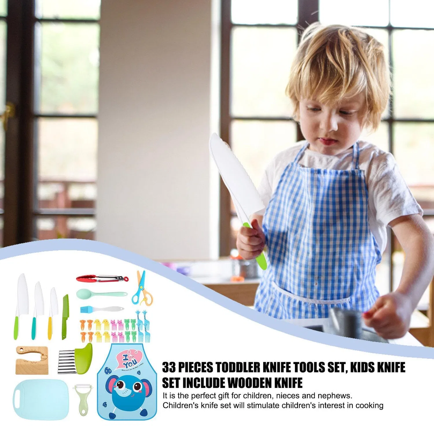 Детский набор кухонных инструментов Montessori из 33 предметов с деревянными ножами — фото 3