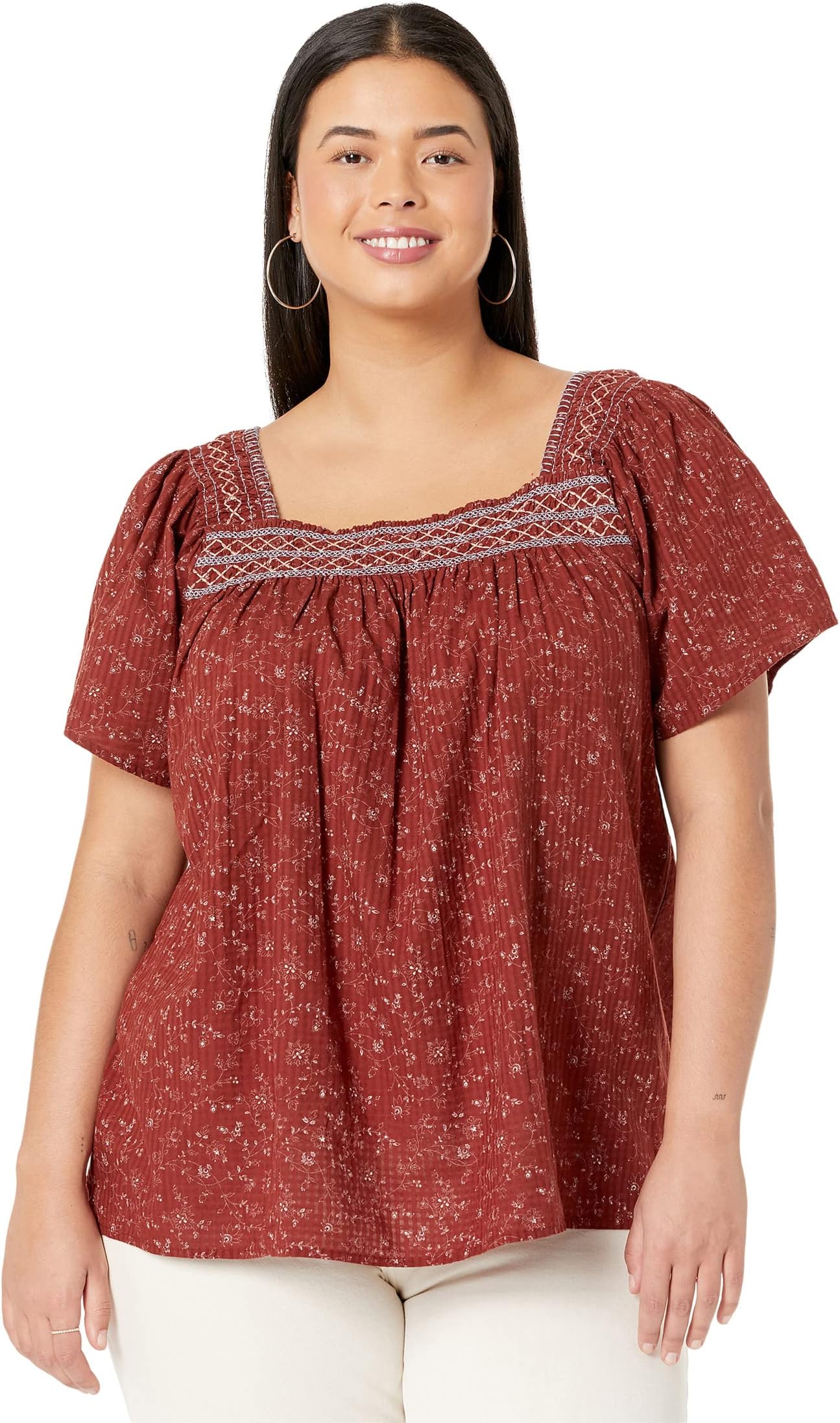 

Топ Madewell Plus Square-Neck Smocked Top in Dotted Vines, цвет Rusted Burgundy