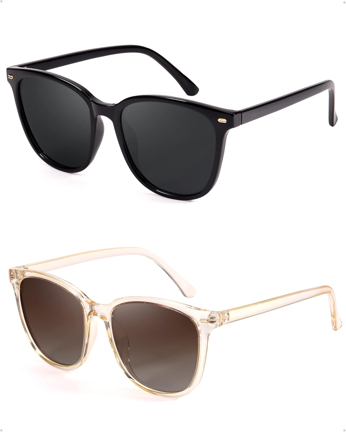 

FIMILU 2 пары солнцезащитных очков для женщин, поляризованные линзы с защитой UV400, большая оправа, модные очки, стильные и стильные, A03(2 Pack)black Frame/Grey Lens+transparent Brown Frame/Gradient Brown Lens