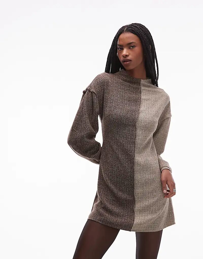 

Мини-платье из твида с длинными рукавами ASOS DESIGN контрастного коричневого цвета