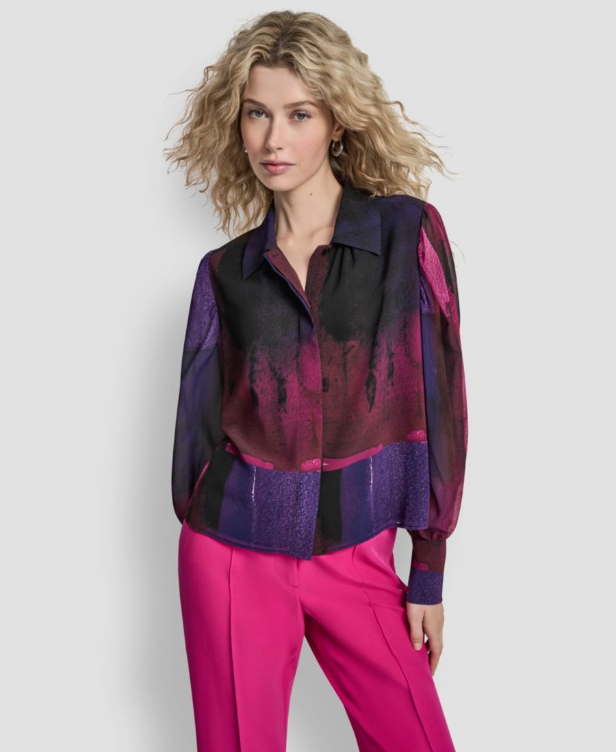 

Женская блузка с рукавами-баллонами и воротником-стойкой DKNY, Fuchsia/dk Violet Mlt