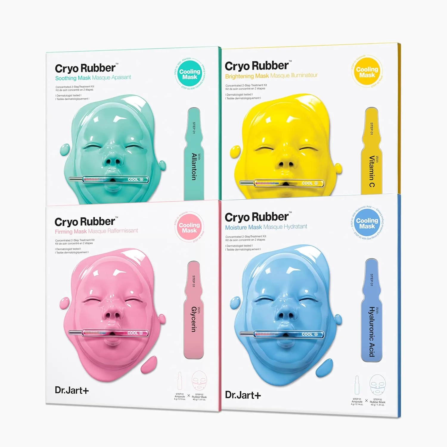 Dr.Jart+ Cryo Rubber Mask Collection - набор из 4 корейских масок для увлажнения, сияния, упругости и успокоения кожи с гиалуроновой кислотой, ниацинамидом, глицерином и аллантоином