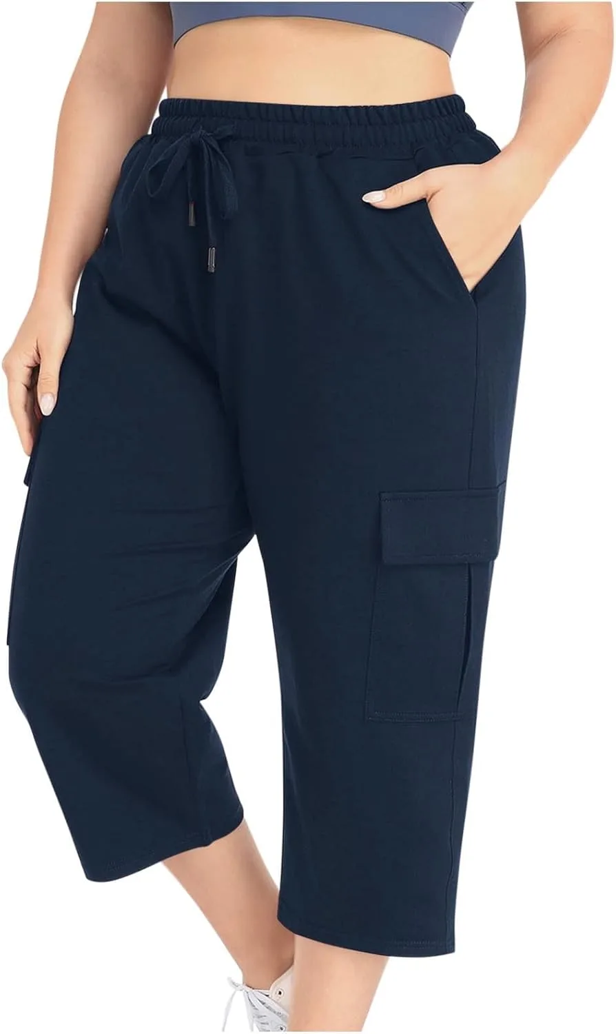 

Плюс сайз капри для женщин с эластичной талией и широкими штанинами GOHRSHA