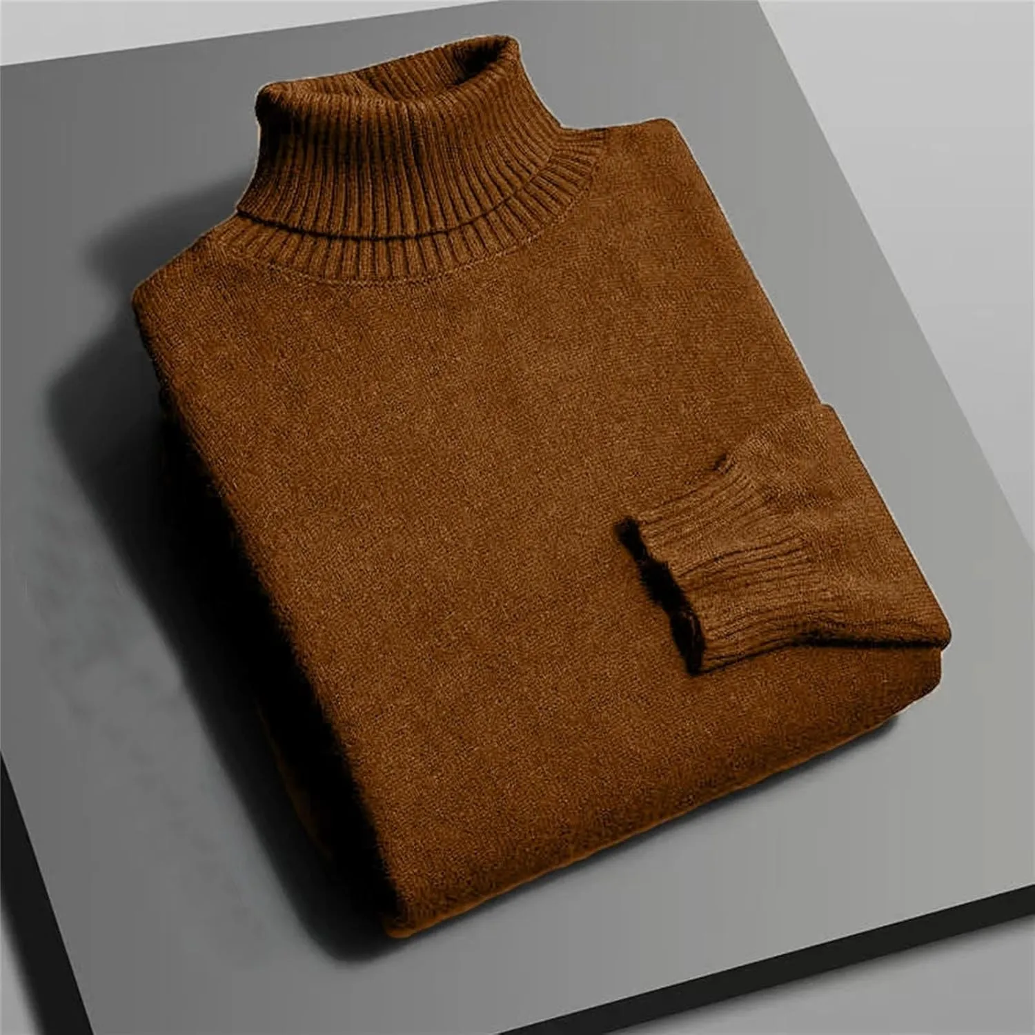 Мужской вязаный свитер с высоким воротником Slim Fit, устойчивый к скатыванию, однотонный, теплый, повседневный Generic, светло-серый — фото 4