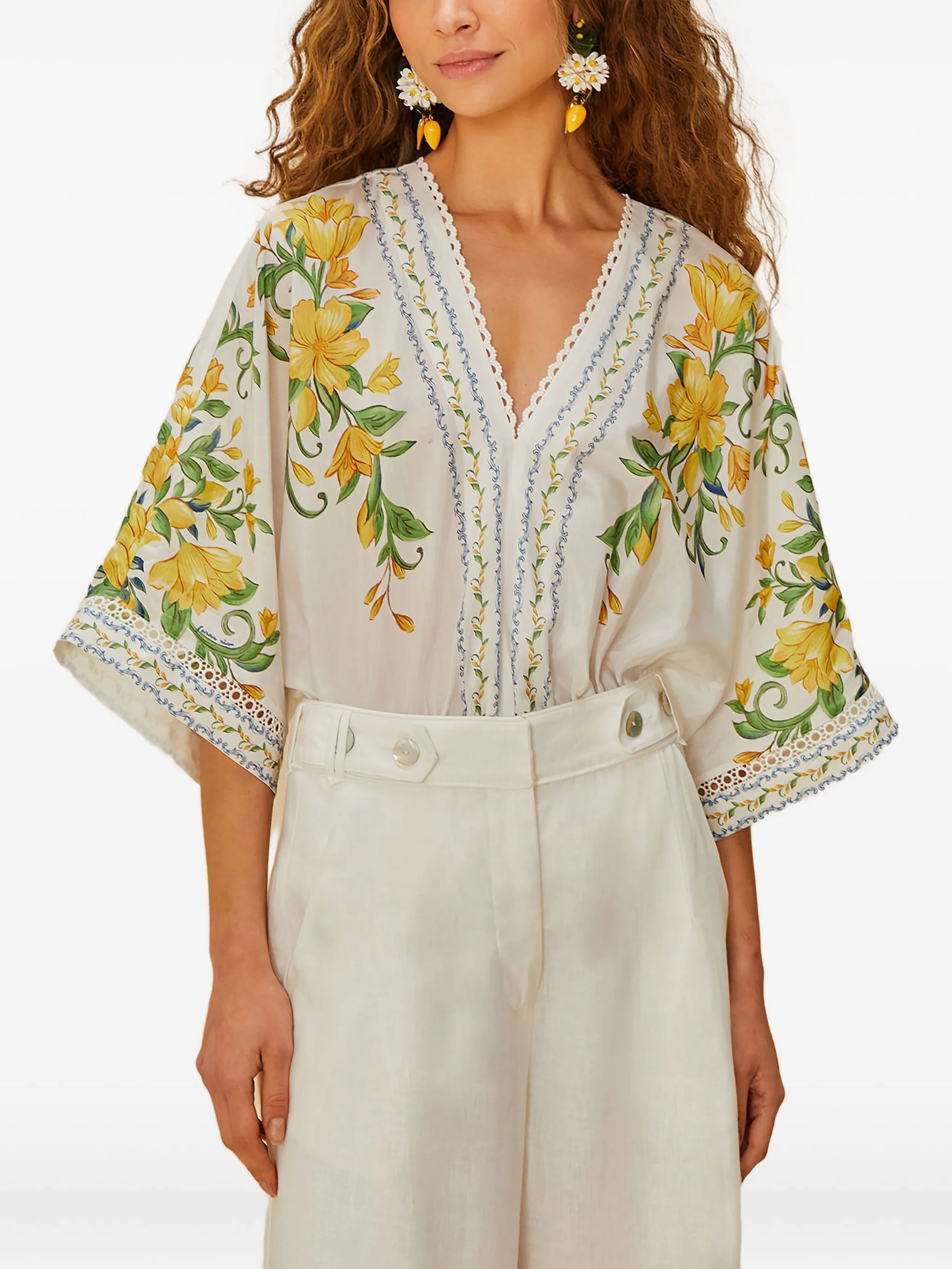 

Боди с кружевом и цветочным принтом Farm Rio, белый