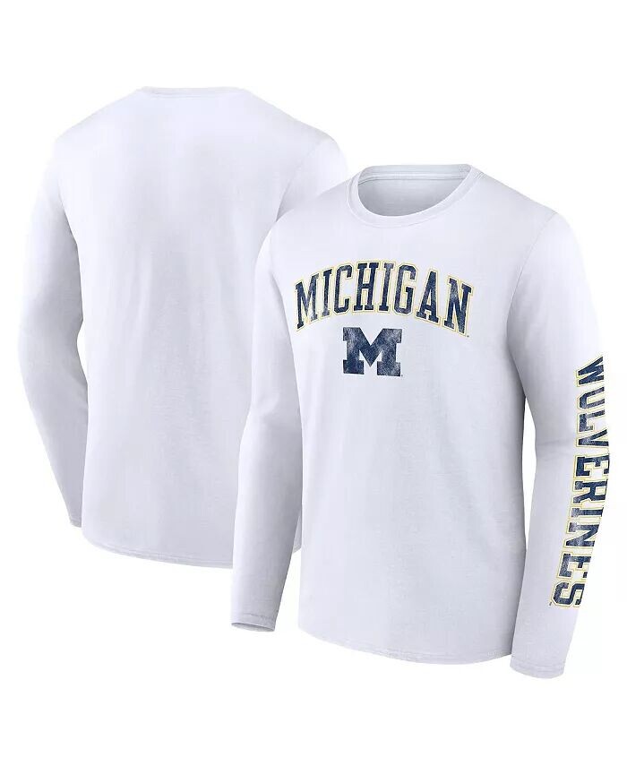 

Мужская белая футболка с длинным рукавом Michigan Wolverines с потертостями и логотипом Arch Over Fanatics