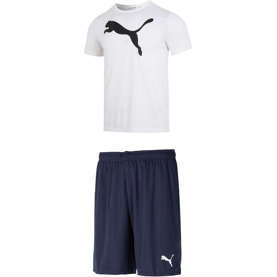 

Повседневный спортивный мужской комплект: белый топ и темно-синие шорты Puma, белый