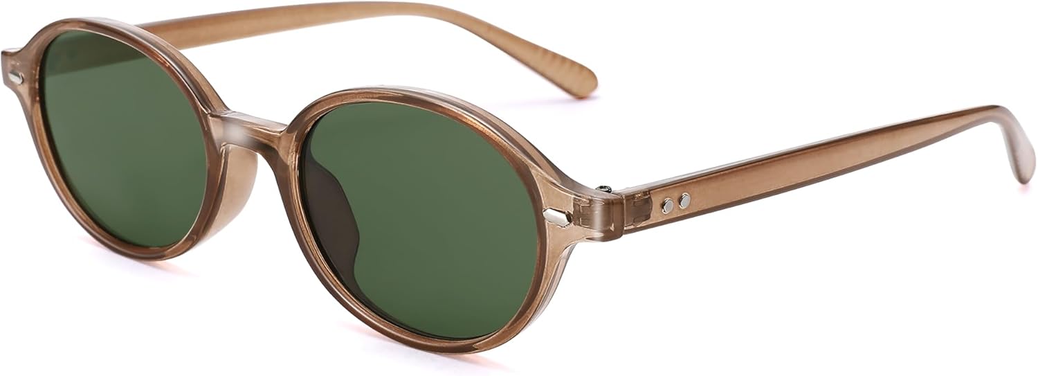 

SCVGVER Ретро овальные солнцезащитные очки для женщин, модные винтажные маленькие узкие круглые солнцезащитные очки в стиле 90-х, A3 - Transparent Brown Frame - Green Lens