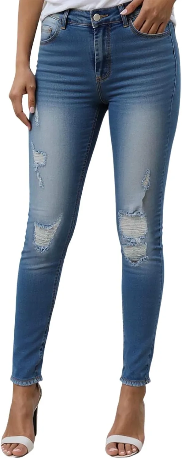 Женские рваные скинни джинсы distressed denim с высокой талией