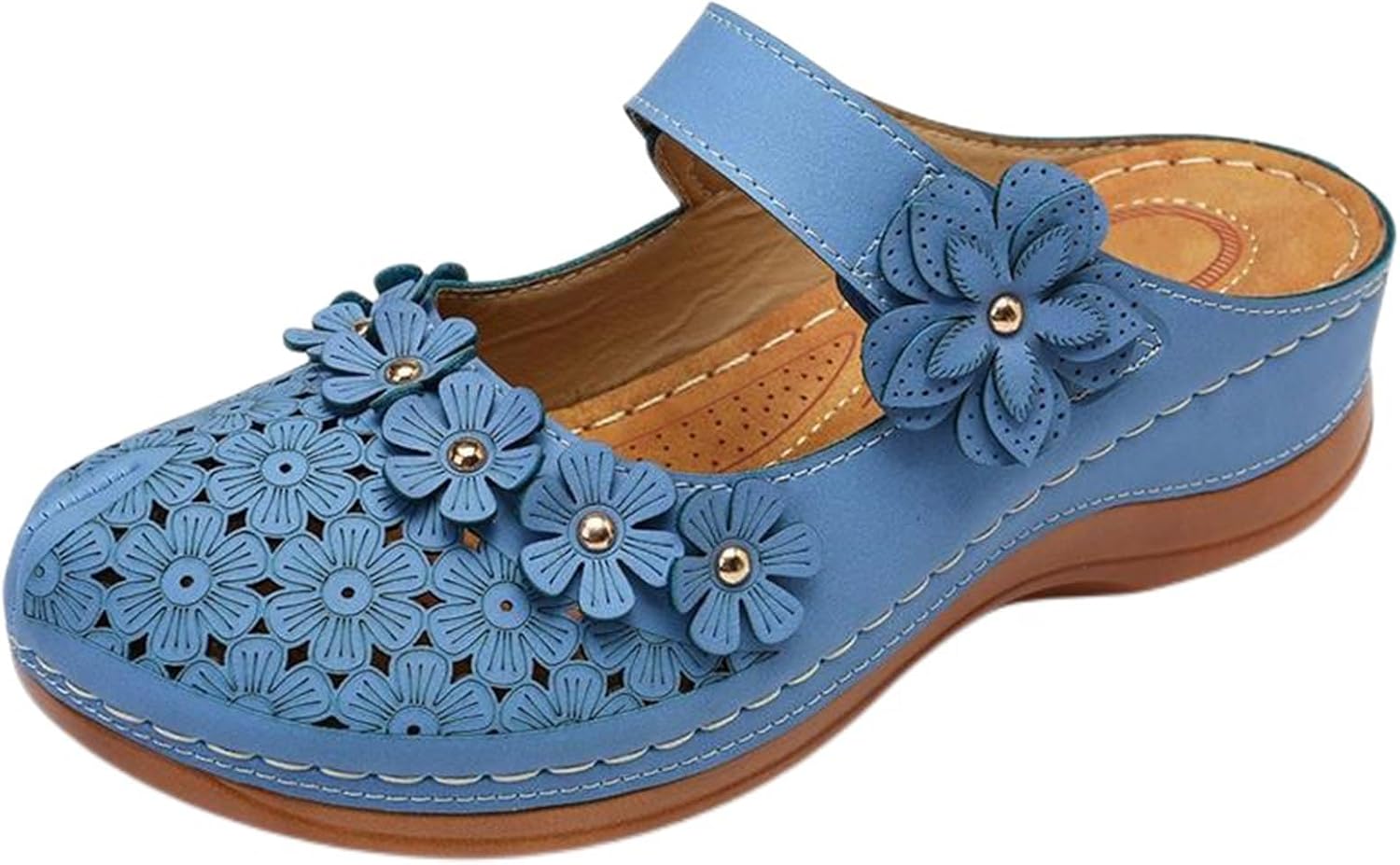 

Женские сабо сандалии-мюли, удобные летние с цветами, на платформе, ортопедические сандалии, с круглым закрытым носком, прогулочные тапочки, с вырезами, дышащие, с ремешком на щиколотке Generic, синий