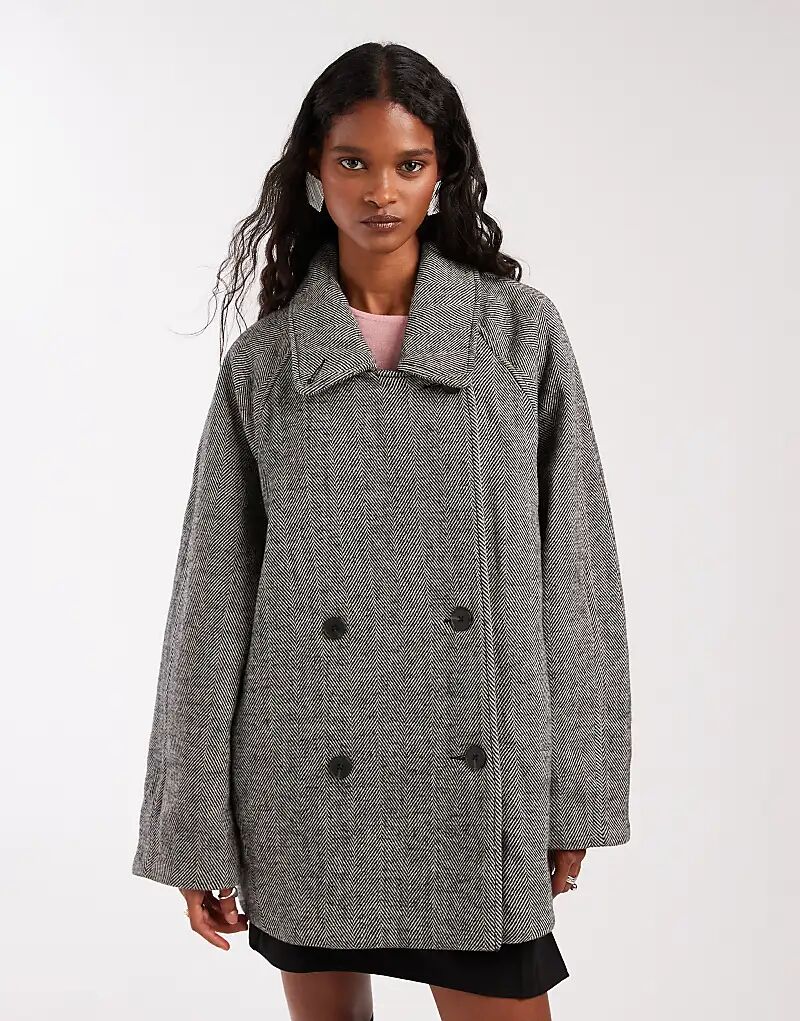 

Пальто-бушлат средней длины ASOS DESIGN свободного кроя с узором «ёлочка»