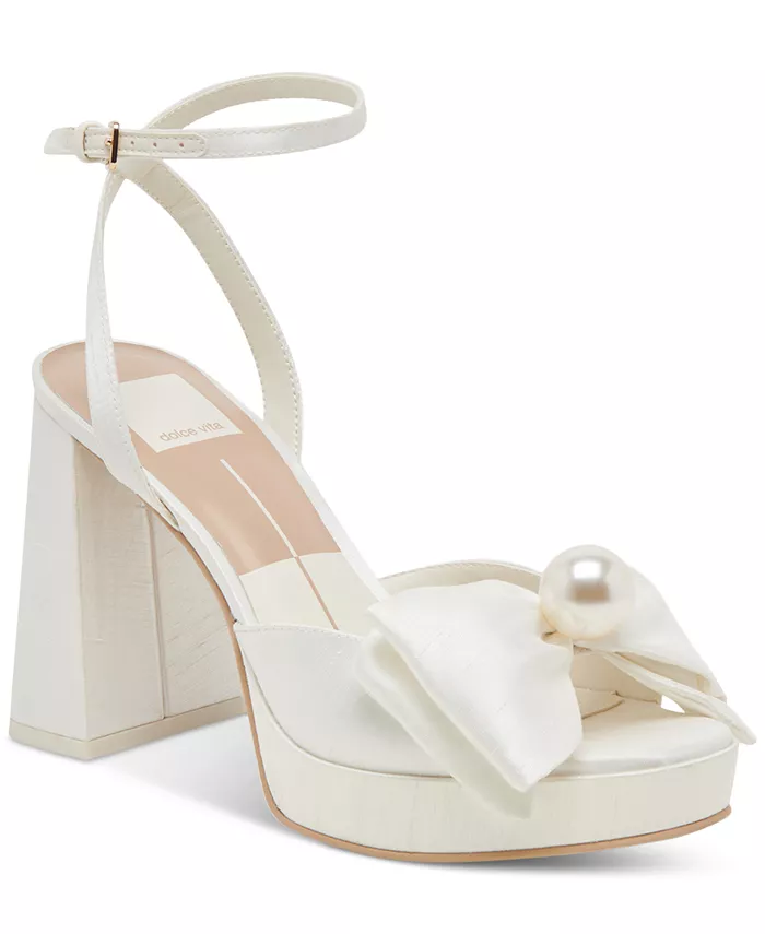 Женские босоножки на каблуке Patton Two-Piece Pearl Bow из сатина с бантом из жемчуга Dolce Vita, белый