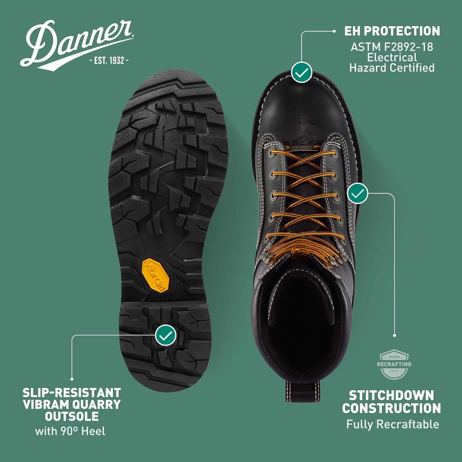 Мужские ботинки Danner Quarry 8 USA водонепроницаемые - из кожи полного тви, с Gore-Tex, стелька с трехуровневой амортизацией и подошва с протектором на пятке, электрозащитные, черный — фото 4