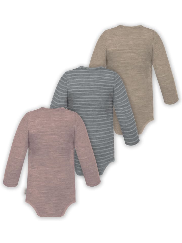 Normani Outdoor Sports Комплект из 3 детских боди с длинными рукавами из мериносовой шерсти, бежевого, серого и розового цвета — фото 2