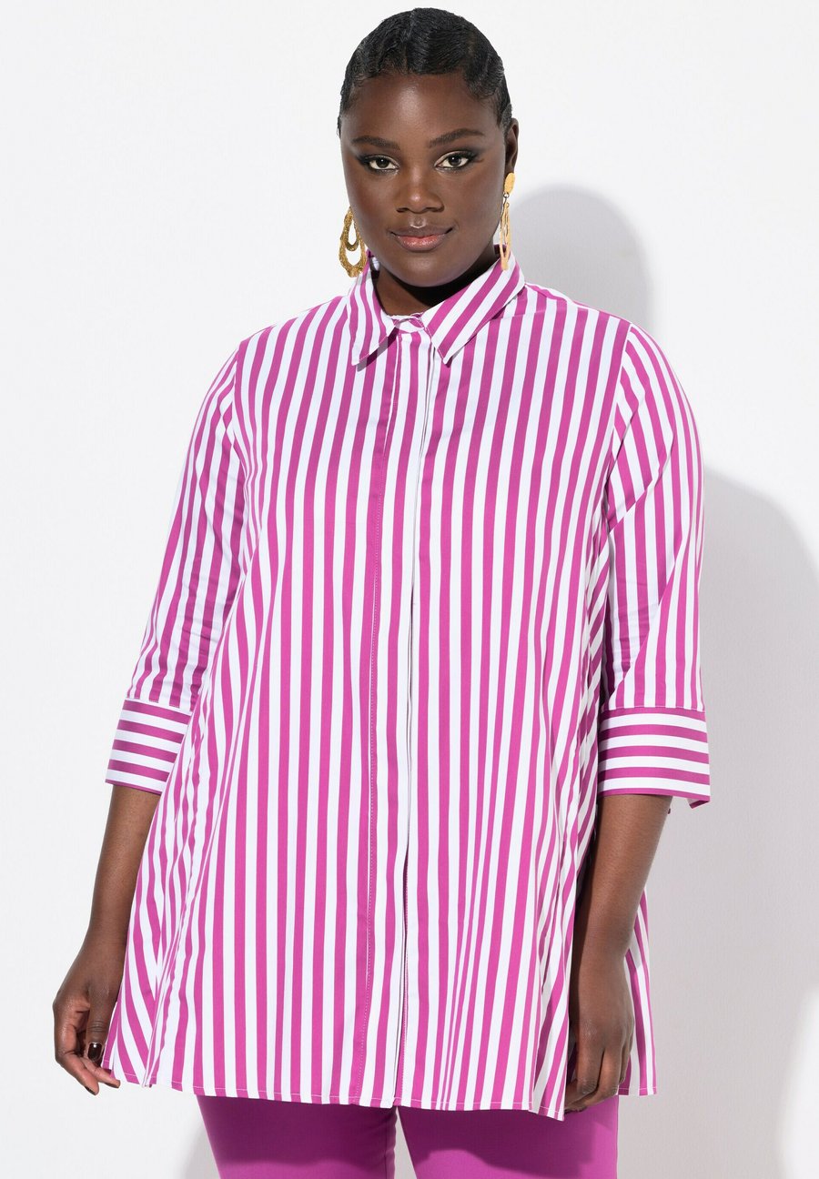 

Блуза Ulla Popken STREIFEN GODETFALTEN HEMDKRAGEN 3/4-ARM, Magenta/Pink