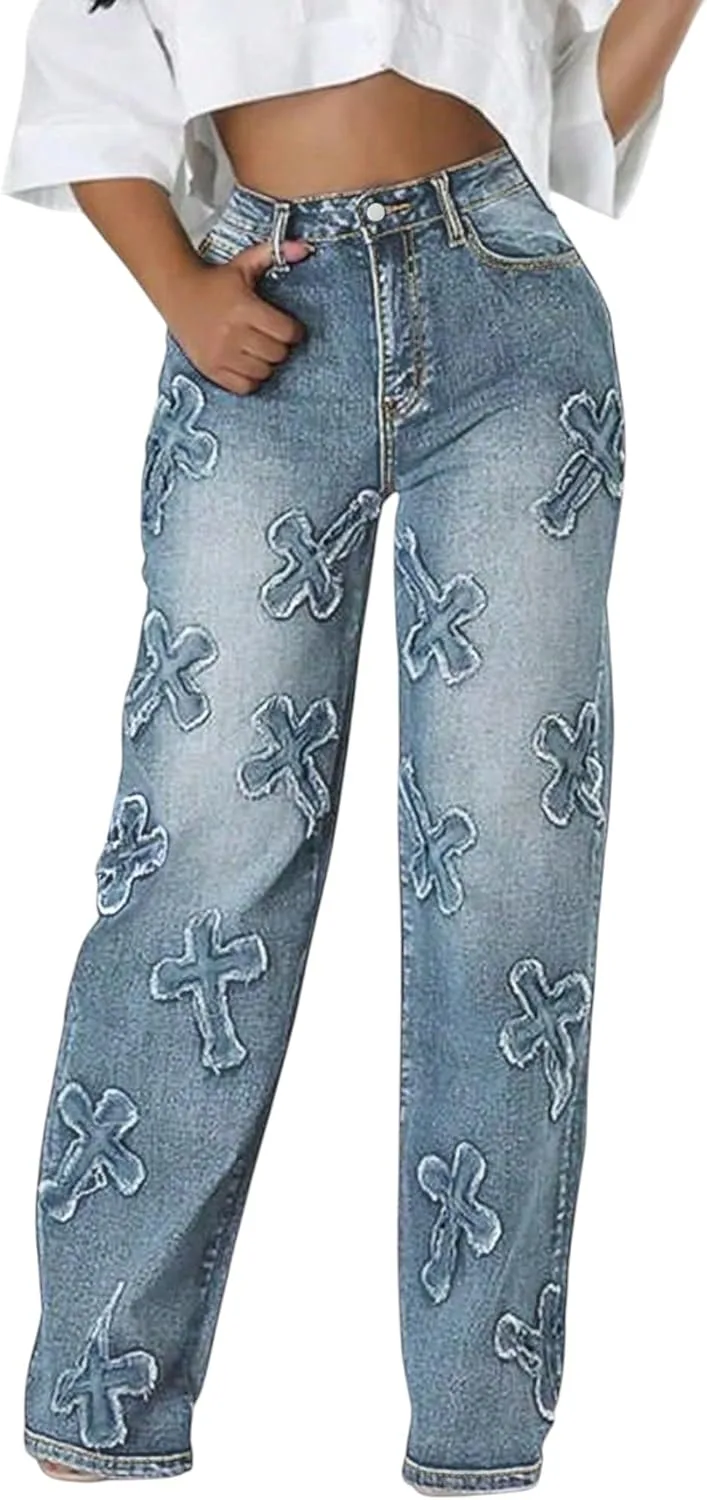 

Джинсы High Waisted для женщин, Casual, Vintage, Wide Leg, синие, с вышивкой EXPJEAS