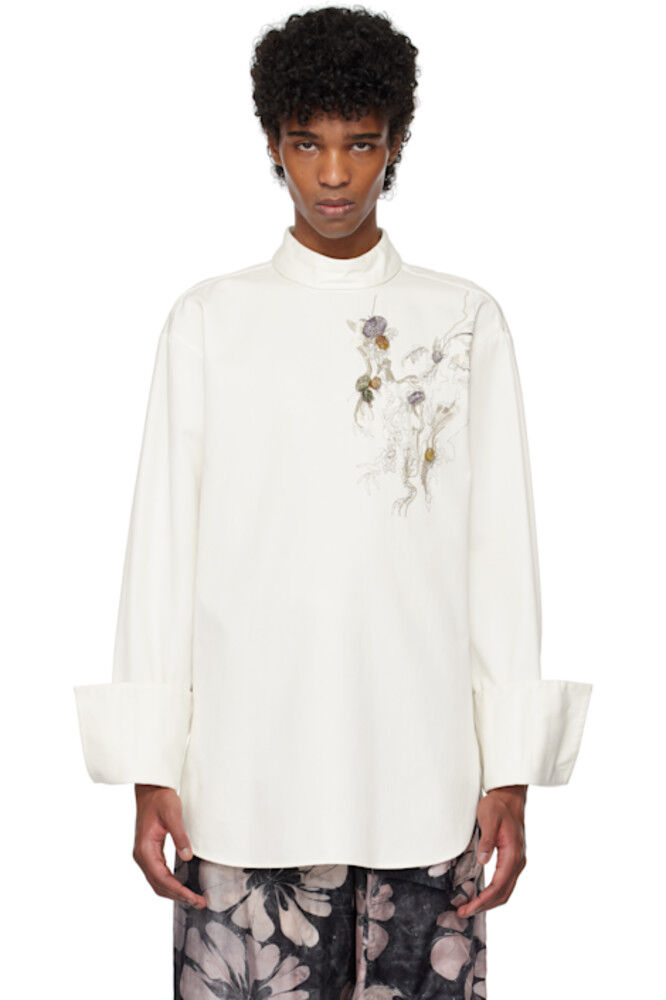 

Рубашка цвета «Off-White» с аппликацией из бисера Dries Van Noten