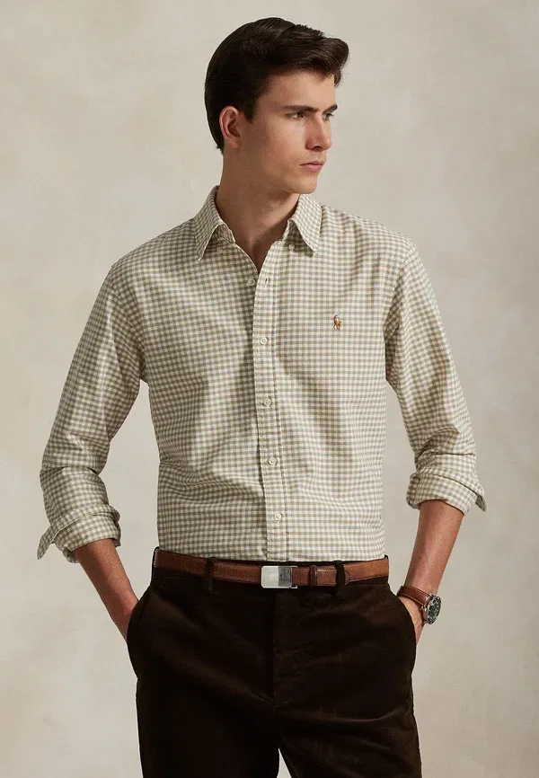 Рубашка оксфордская Polo Ralph Lauren, приталенная, в клетку гингам, цвет прибрежный бежевый/белый