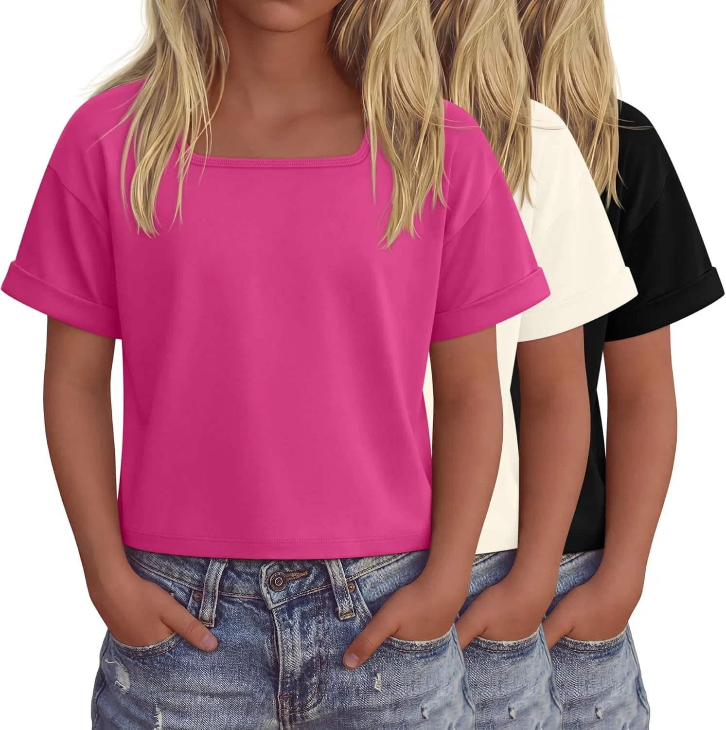 Набор из 3 детских топов оверсайз, LessonZoo, Rose Red, Cream, Black