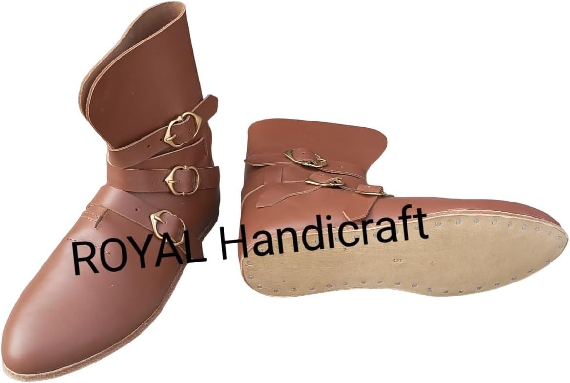 Медievalные кожаные сапоги Rhishoe с тремя пряжками, пара, коричневые кожаные сапоги с пряжкой, обувь, пара — фото 2