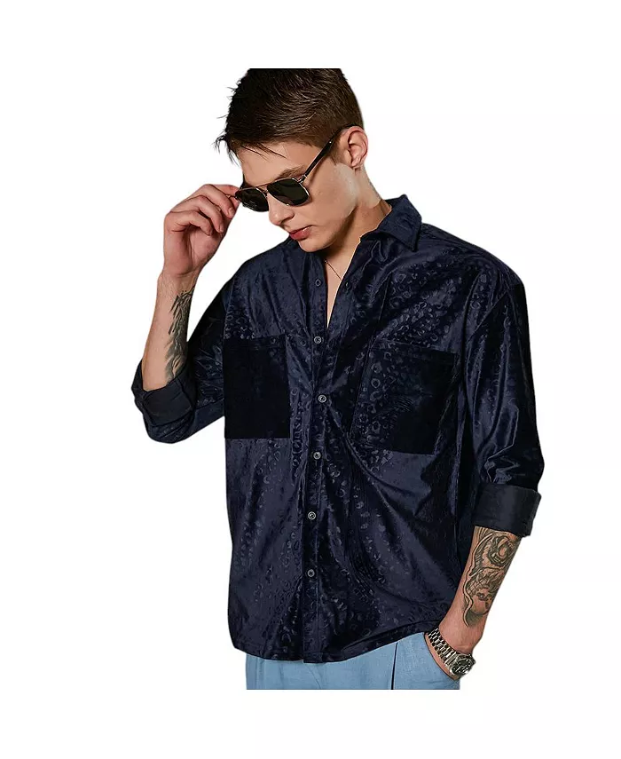 

Мужская синяя рубашка оверсайз из вельвета с принтом гепарда Campus Sutra, синий