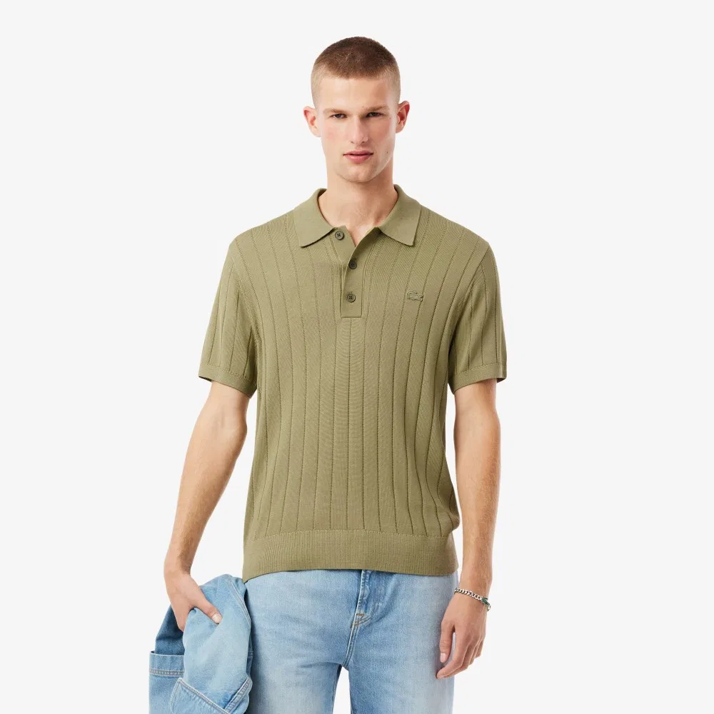 Мужской хлопковый свитер-поло в рубчик с коротким рукавом хаки от Lacoste
