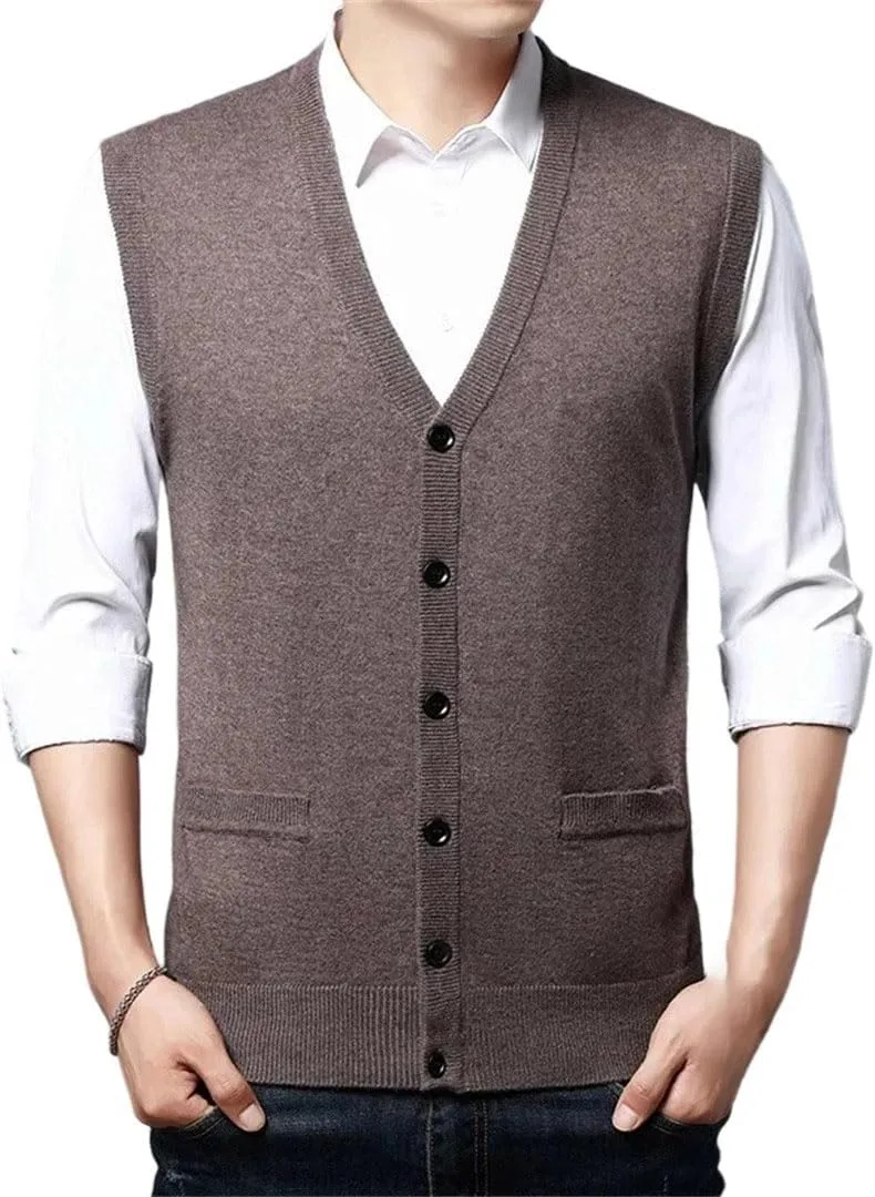Мужской жилет из 100% кашемира, теплый, с V-образным вырезом, в стиле smart casual, без рукавов Generic, Coffee