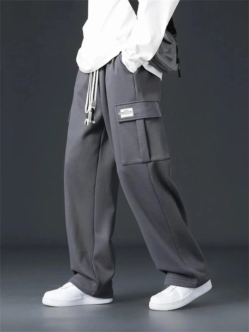 Generic Мужские мешковатые широкие брюки Outdoor Jogging Sweatpants прямые свободные шик Leisure Pants Black Gray — фото 4