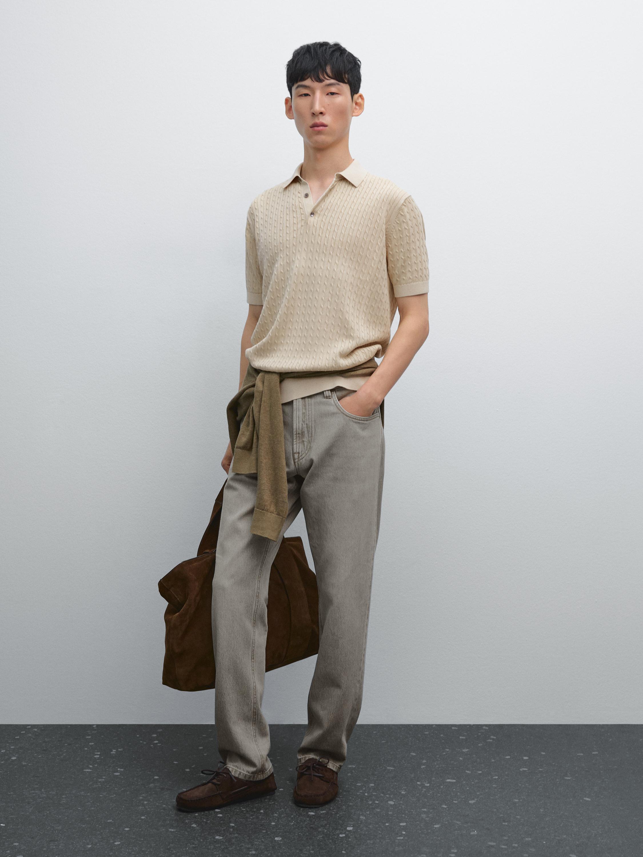 

Свитер-Поло из 100% хлопка с косичной вязкой Massimo Dutti, бежевый