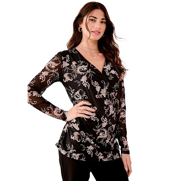 

Женская блузка plus size с v-образным вырезом и сетчатыми вставками Roaman'S, Black Neutral Paisley