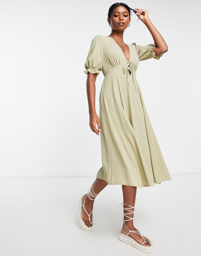 

Чайное платье миди цвета хаки с завязкой спереди ASOS DESIGN