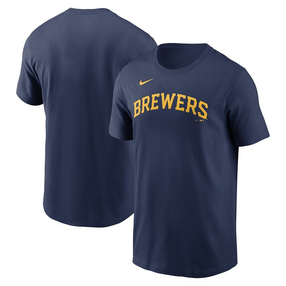 

Мужская темно-синяя футболка Nike Milwaukee Brewers Fuse Wordmark, цвет Brw Navy