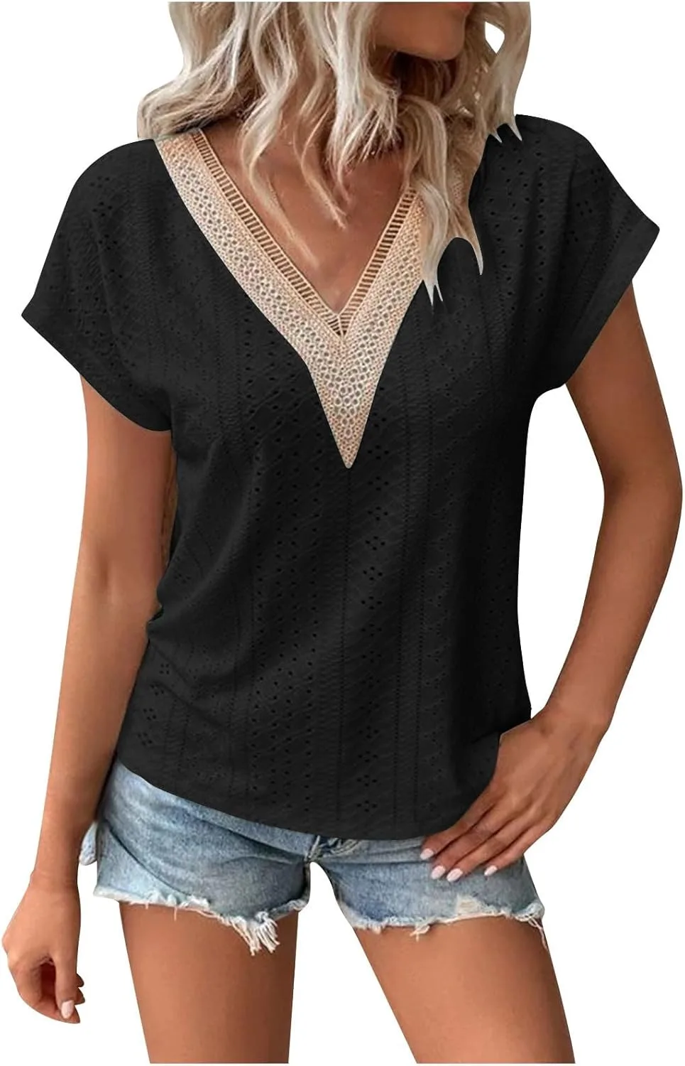 

Женская блузка летняя с коротким рукавом, V-образным вырезом и кружевной отделкой XUNRYAN