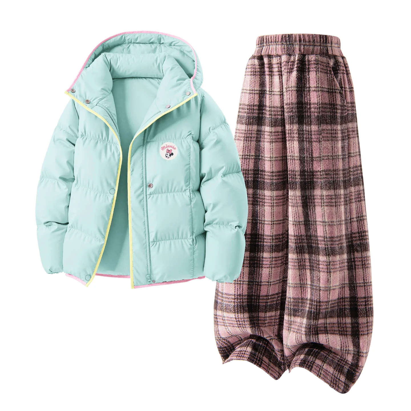 Детский спортивный костюм с круглым вырезом Disney, [Thickened and Fleece-Lined]Dini Round Hook-and-Loop K Light Blue+Solid Color Pink Plaid