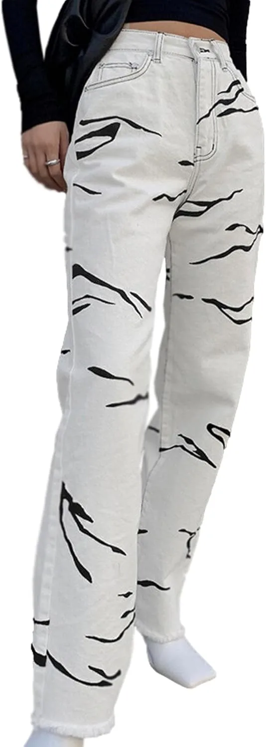 

SOMTHRON женские джинсы с высокой талией и прямыми широкими штанинами Zebra Stripes с рваным краем