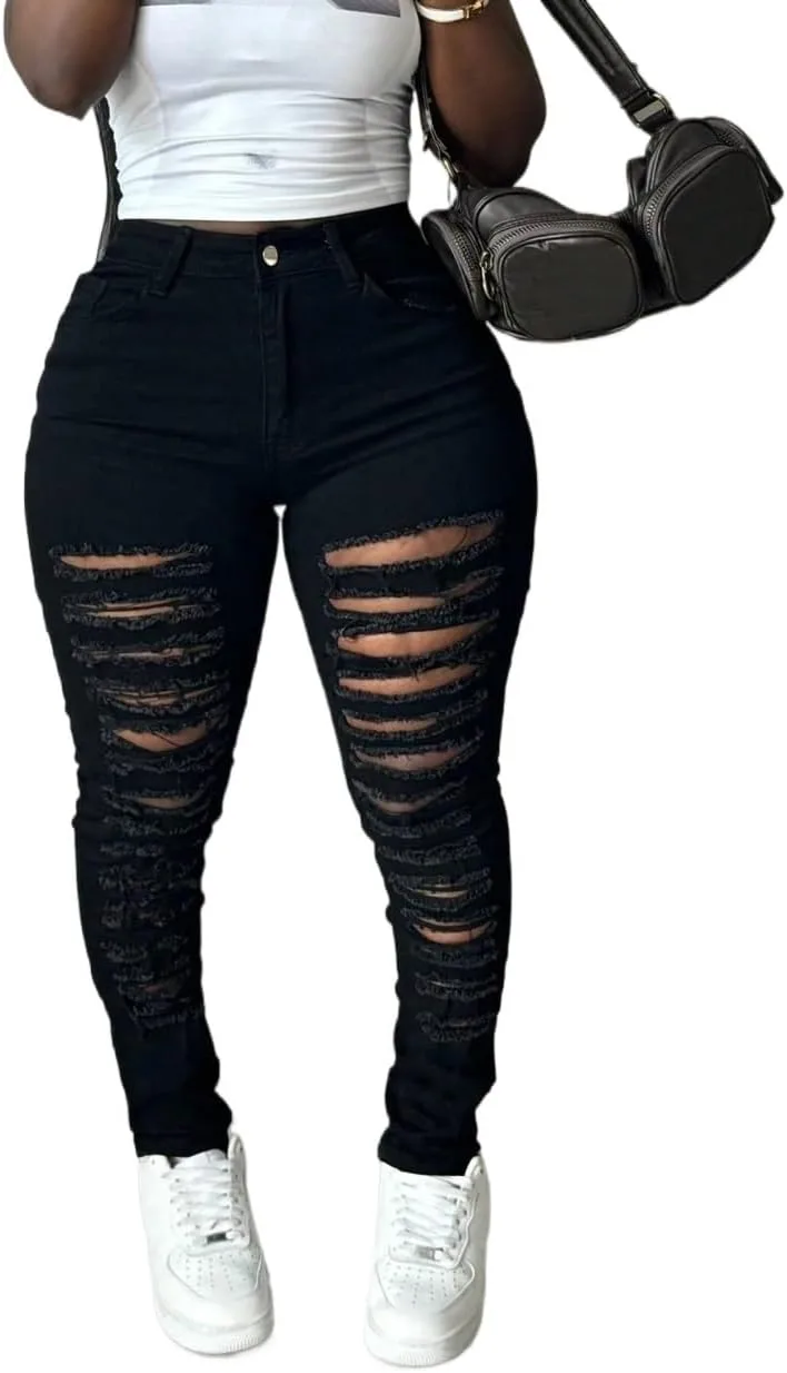 Generic Женские классические джинсы Basic Slim-Fit черные рваные
