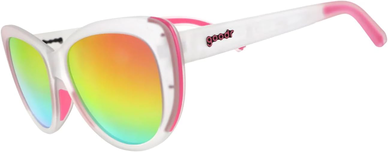 

Солнцезащитные очки goodr Rainbow Runway Ready, поляризованные, UV400, прозрачная оправа «кошачий глаз», зеркальные линзы радужного цвета, розовые акценты, не скользят