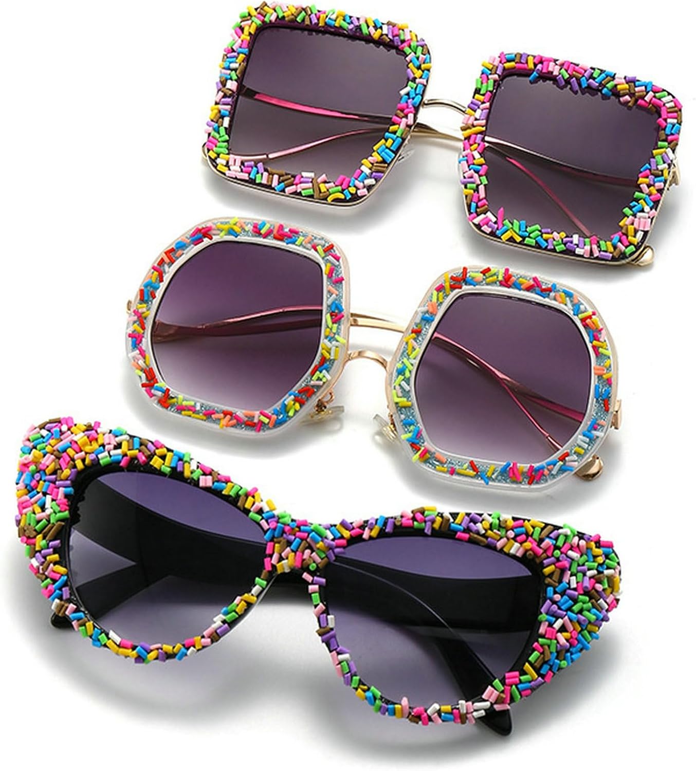 

Солнцезащитные очки конфетных цветов с бриллиантами для женщин и мужчин, модные дизайнерские солнцезащитные очки в стиле панк mincl, 3pcs-cat Eye Black&square Gradient Grey&round Gray