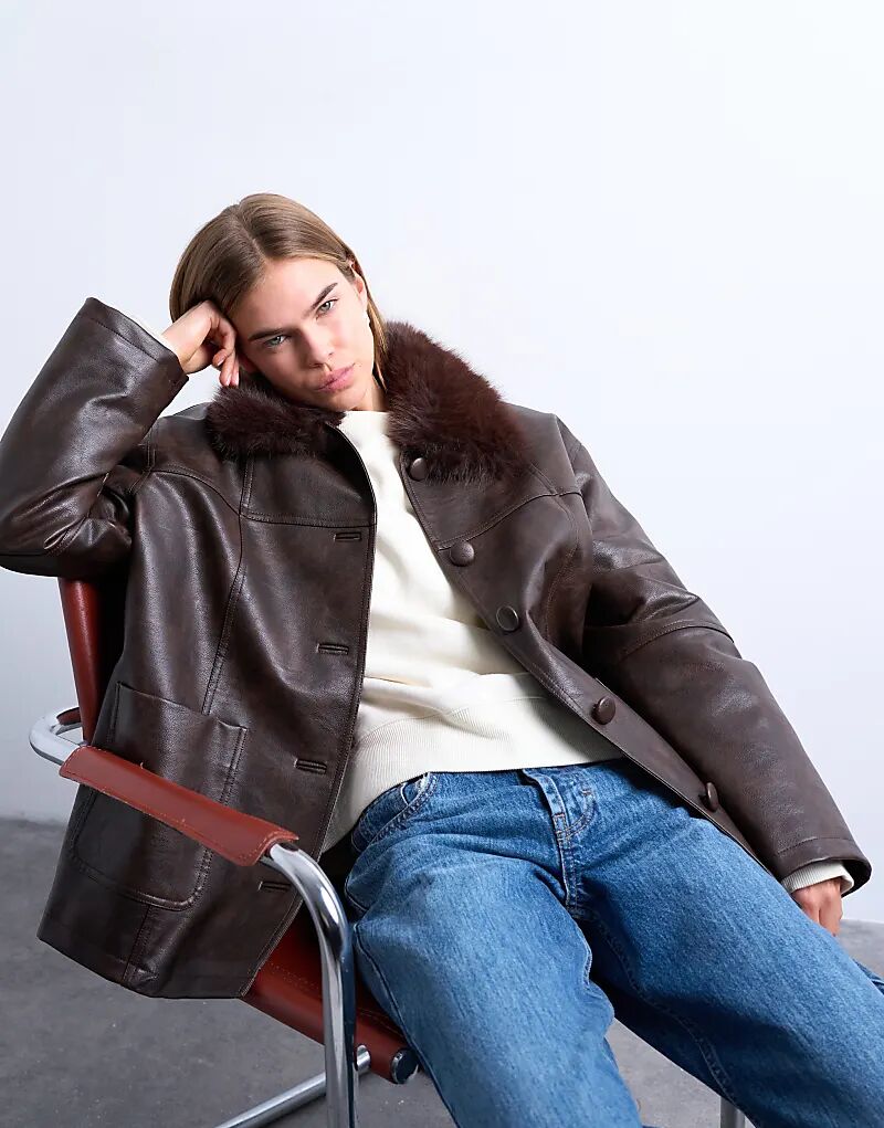 

Искусственная кожа Topshop со съемным воротником из искусственного меха, застегивающаяся на пуговицы, с мягкой подкладкой, цвет: стираный коричневый