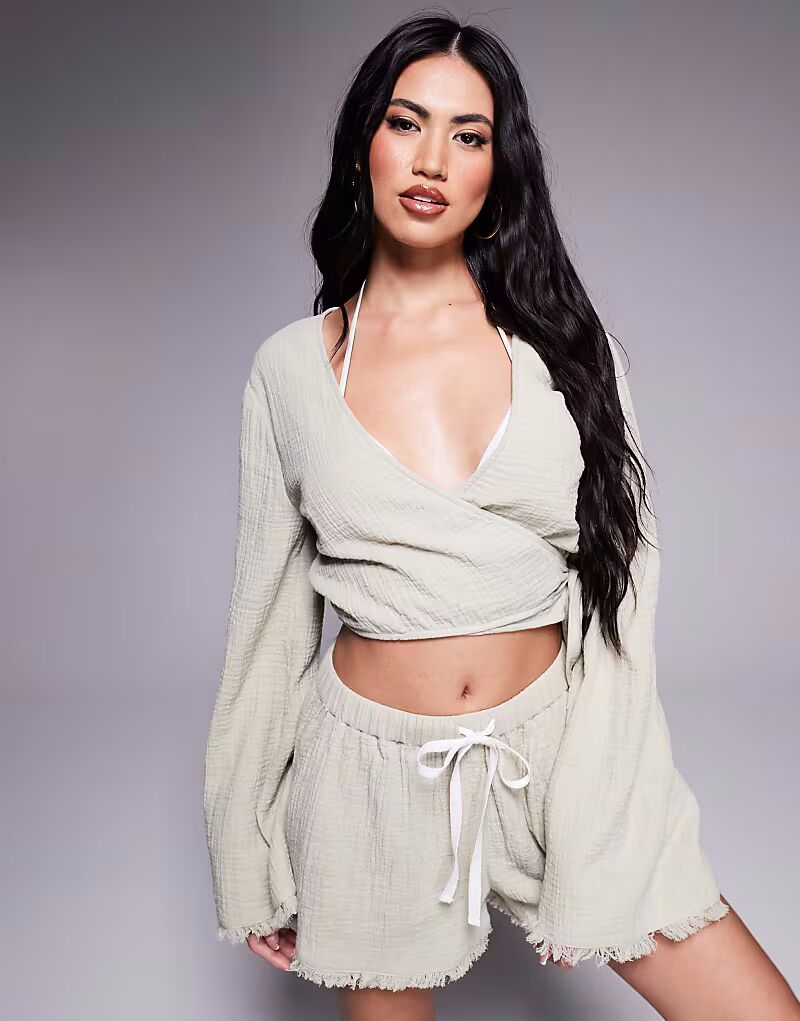 

Пляжная рубашка Callie из марли с бахромой и запахом спереди от ASOS DESIGN, цвет: стираный шалфей