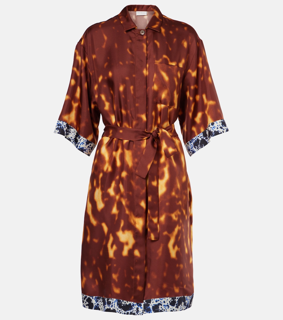 

Платье-рубашка из шелка с принтом и поясом Dries Van Noten, Rust