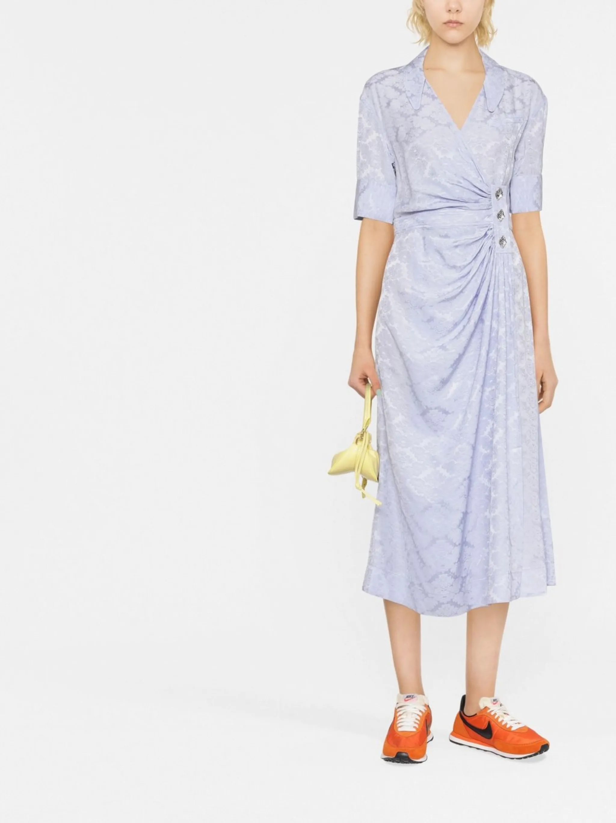 

Драпированное платье миди с цветочным принтом Ganni, синий