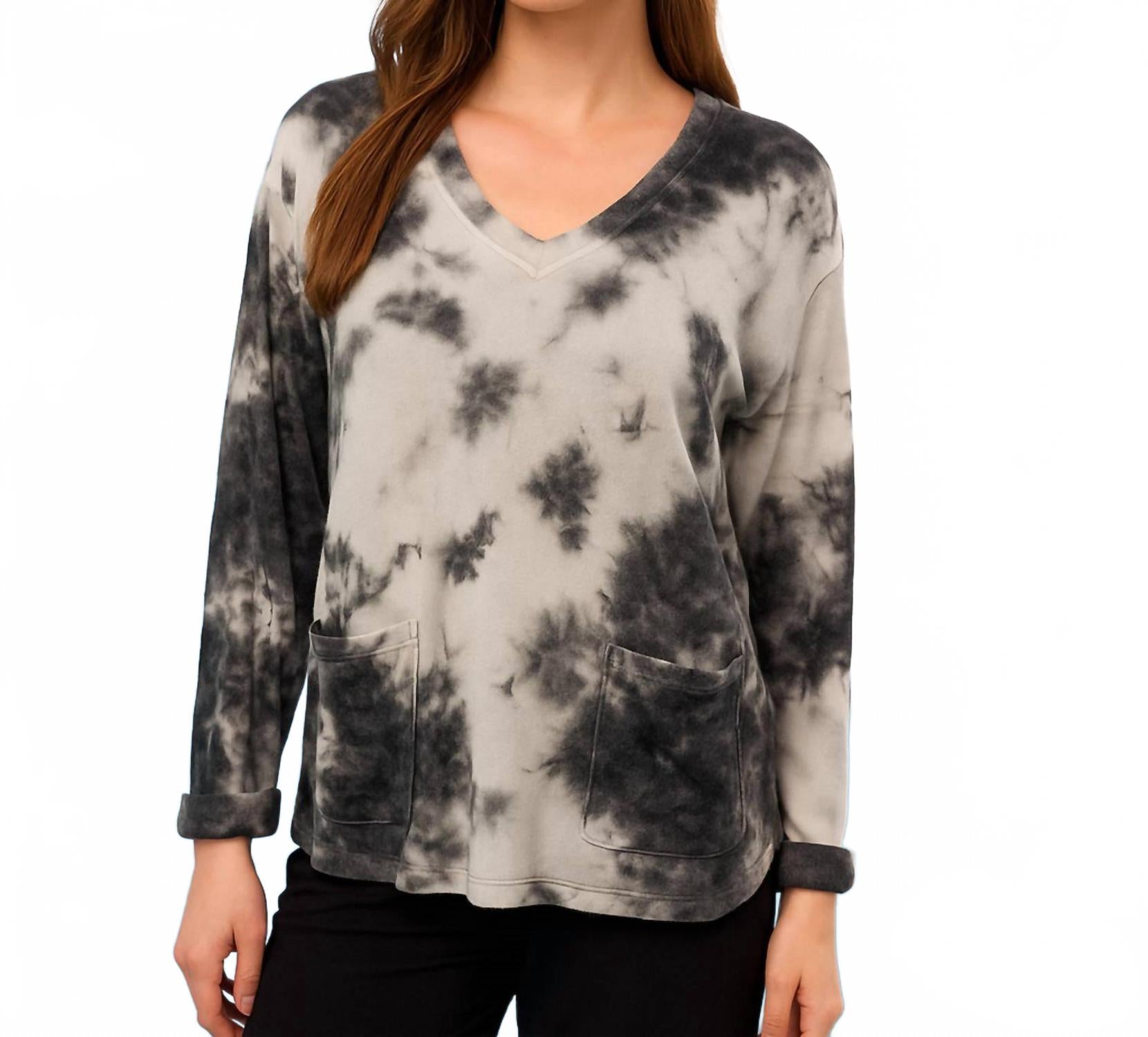 

Топ с V-образным вырезом в технике тай-дай, белый/черный French Kyss, белый/черный