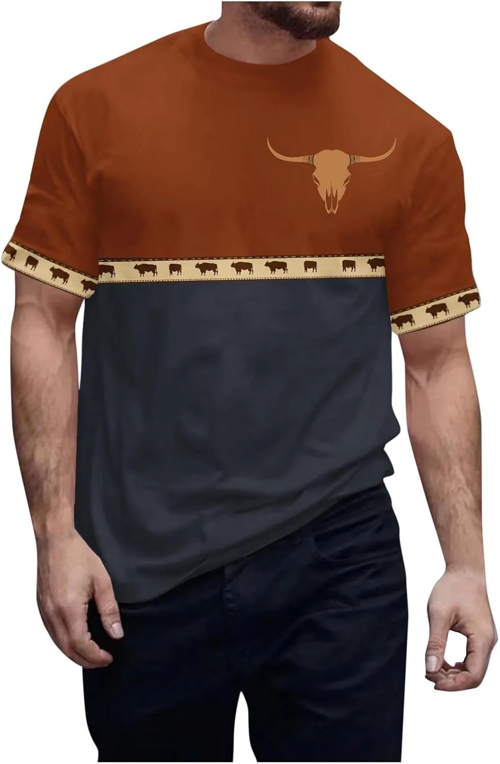 

Мужская футболка с пэчворком и этническим принтом, свободный крой, короткий рукав QUNPIU