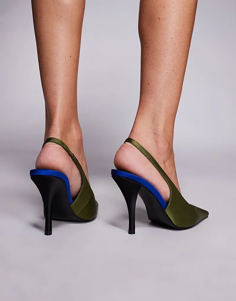 Туфли ASOS DESIGN Proud на высоком каблуке с открытой пяткой из оливкового атласа — фото 2